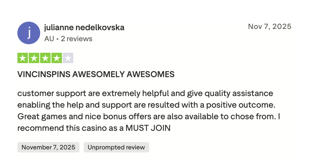 VinciSpin Casino Trustpilot Kundensupport Bewertung Australischer Spieler November 2025