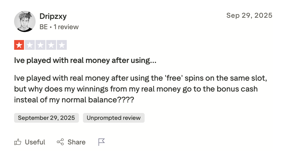 VinciSpin Casino Trustpilot Echtgeld Bonusguthaben Problem Belgischer Spieler September 2025
