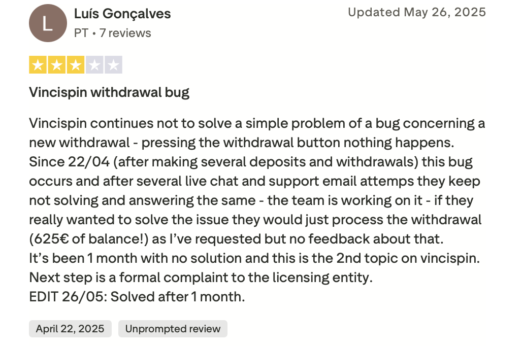 VinciSpin Casino Trustpilot Auszahlungs Button Bug Portugal 625 Euro